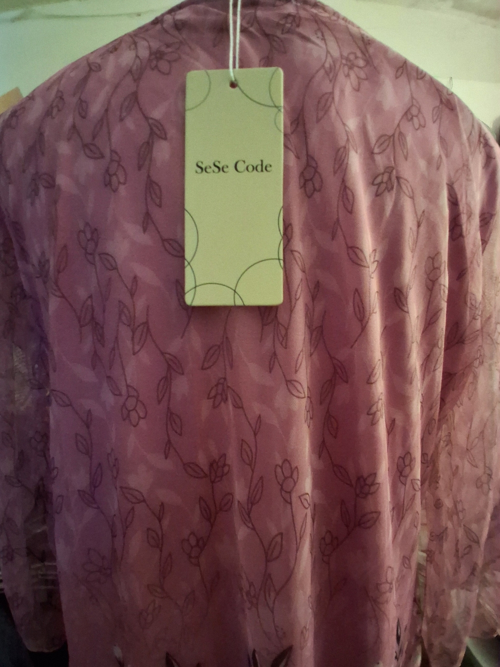 Sheer Pink Floral Overlay STRETCH Tunic,bodice lined,3/4 open sleeves,size is  M - Picture 5 of 10